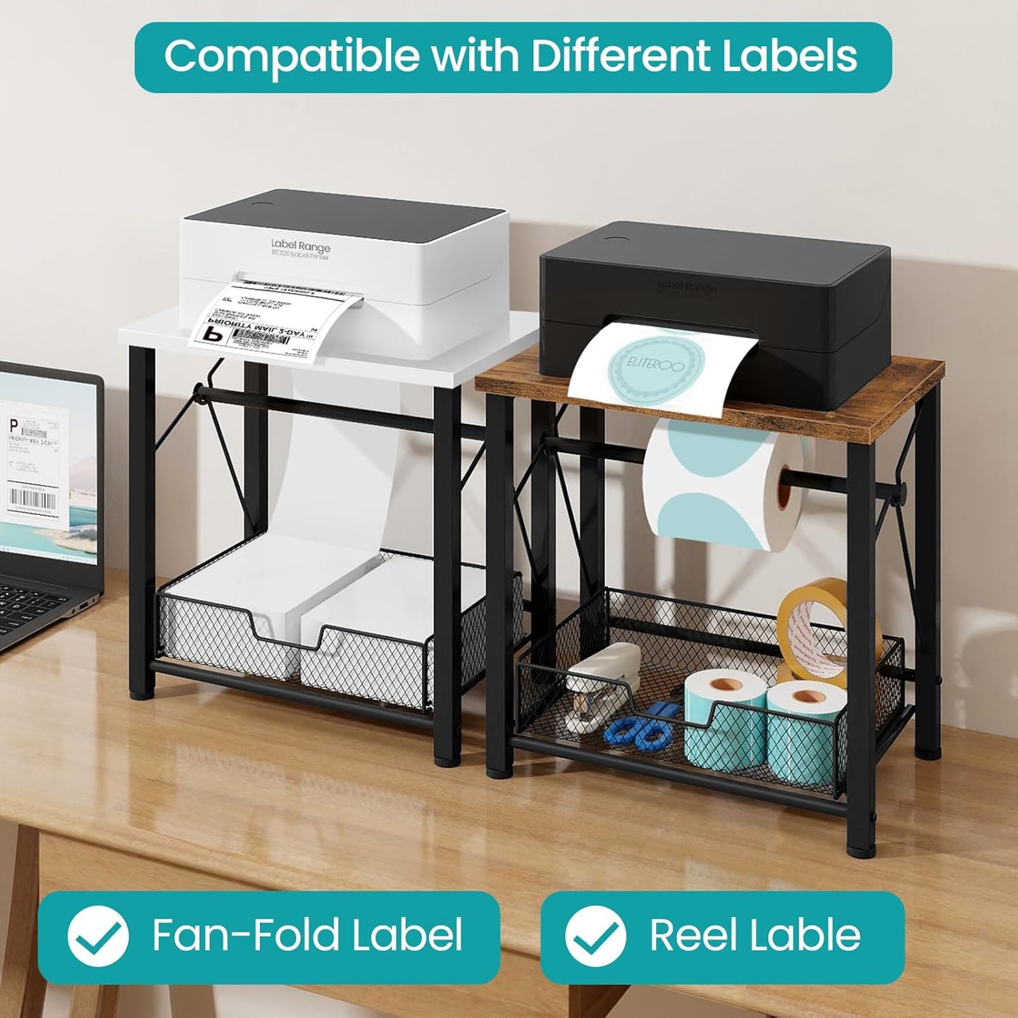 ELITEROO Label Holder for Rolls and Fanfold Labels, Wood Thermal Label Holder, Shipping Label Stand for Thermal Printer, Desktop Accessories Supplies for Home, Office, Small Business, White