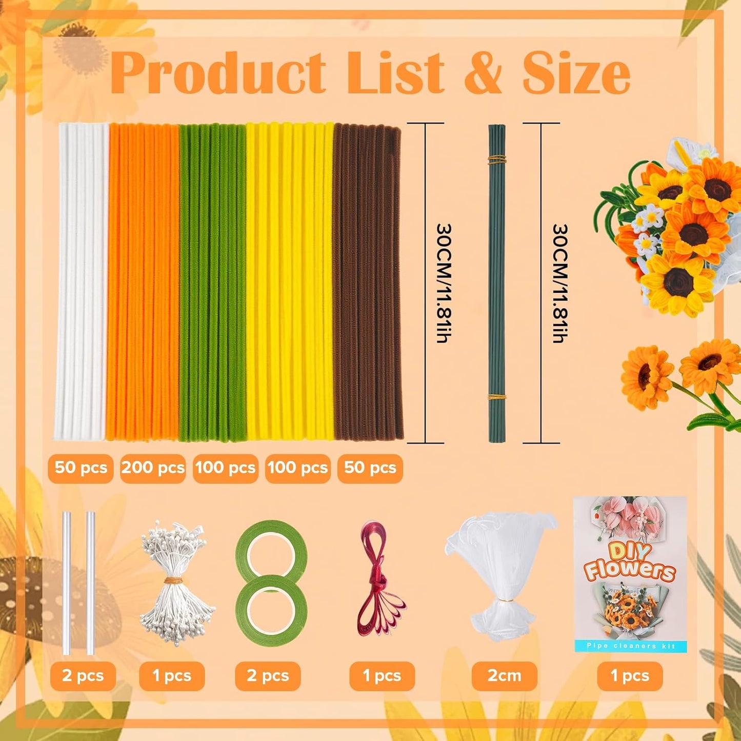 500 PCS Pipe Cleaners Craft Kit for Flower Making Sunflower DIY Material Bundle with 20 Stems, 100 Stamens, Ribbon, Tulle, Glue Sticks & Step-by-Step Guide Vibrant Colors, Non Shedding, FadeResistant