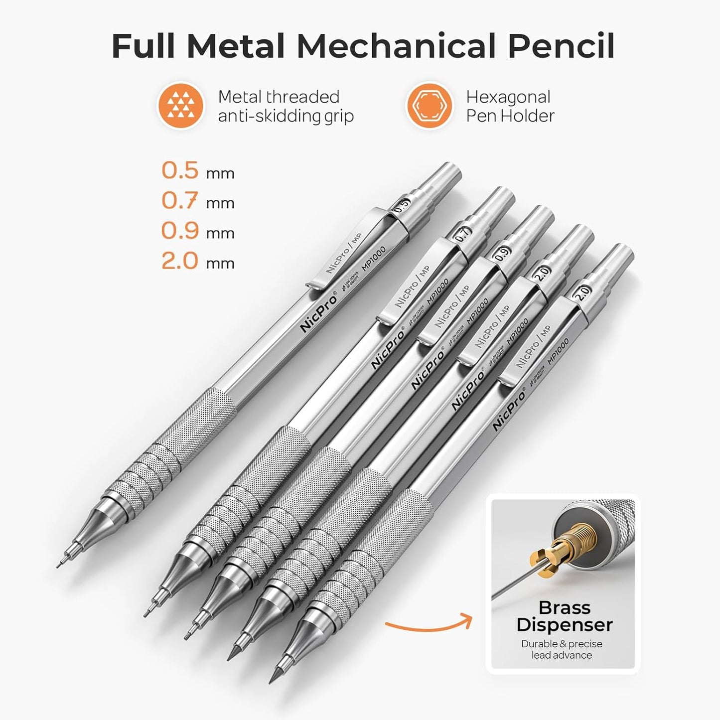 Nicpro 22PCS Metal Mechanical Pencil Set in Case, Art Drafting Pencil 0.5, 0.7, 0.9 mm & 2 PCS 2mm Mechanical Drawing Pencils with 396PCS Leads (4B 2B HB 2H Colored) for Drawing Writing Sketching