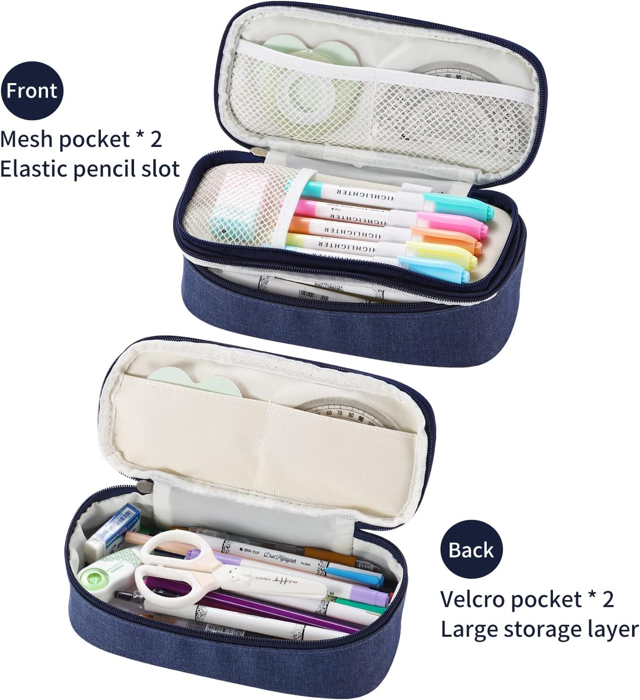 Big Pencil Case Large Capacity Pencil Bag with Zipper Pencil Pouch for Boys Girls Kids Adults Stationery Pencil Pen Case Organizer for School Office Blue