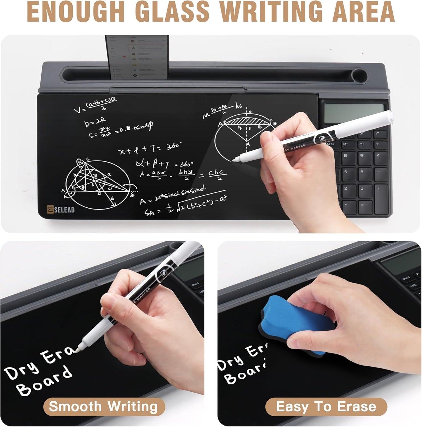 SELEAD Desktop Glass Whiteboard with Calculator, Organizer, Markers, Eraser, Holder - Black Dry Erase White Board Computer Pad Keyboard Stand for Home, School, Office Desk Cubicle Accessories