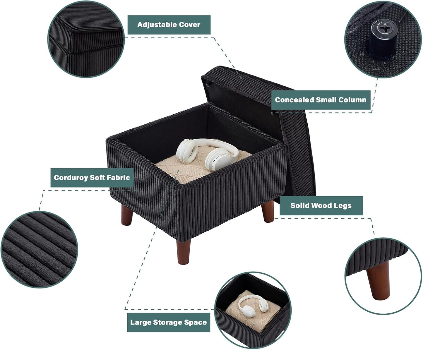 Storage Ottoman with Adjustable Lid, Soft Step Stool, Footrest and Seat, Ottoman Foot Rest for Living Room, Bedroom, Dorm, Dark Gray