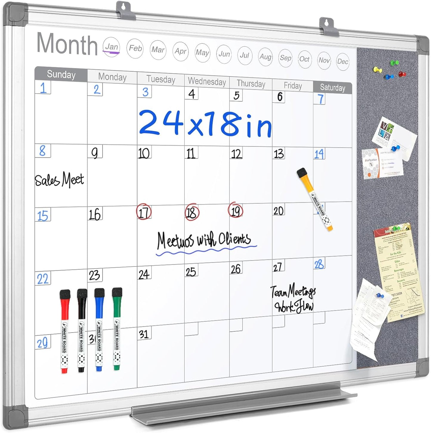 MAKELLO Dry Erase Calendar for Wall 24x18 in, Whiteboard Calendar and Grey Felt Board Combo for Office Home School