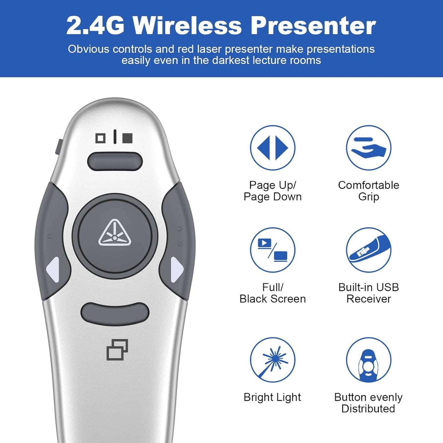 QUI Presentation Clicker Wireless Presenter Remote Clicker for PowerPoint Presentation Remote, PowerPoint Slide Advancer for Mac/Windows/Linux, Google Slide/PPT/Keynote, USB, Silver