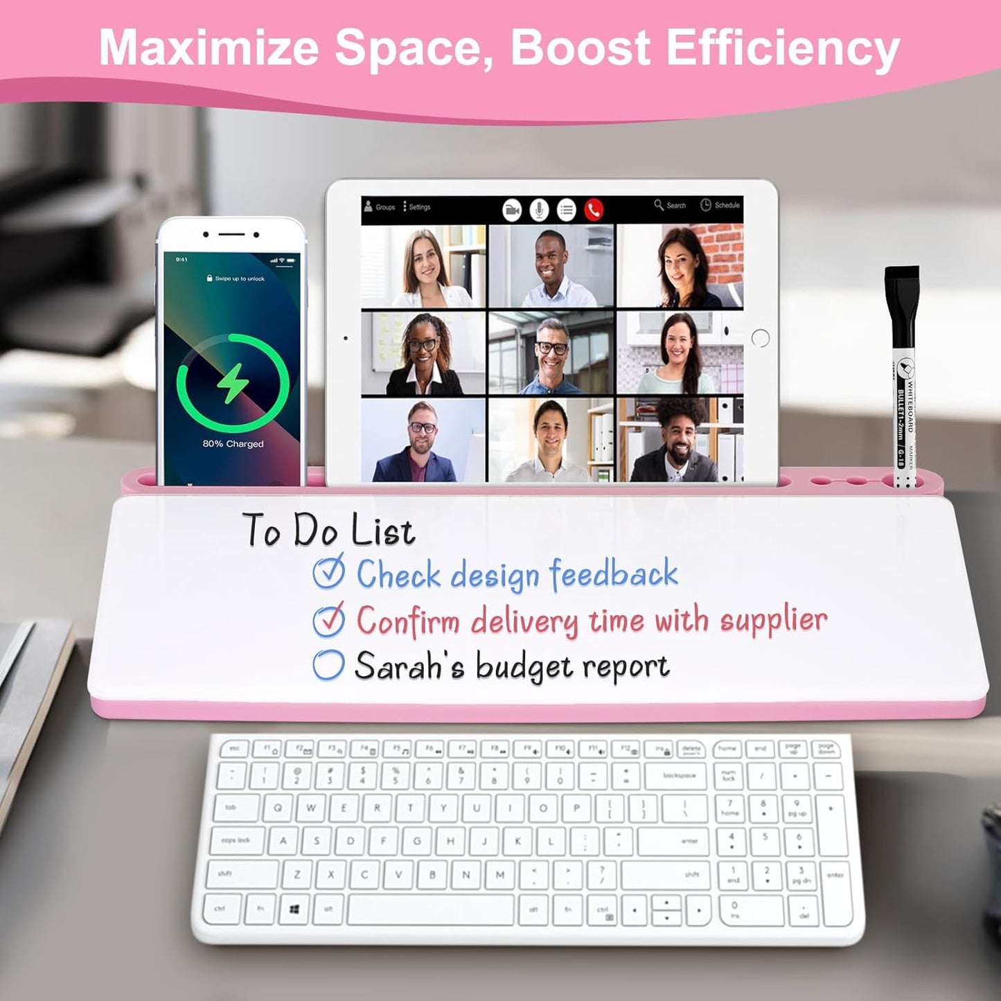 Desktop Glass Whiteboard with Storage, Pink Desk Dry Erase White Board with Computer Keyboard Stand, Desk Organizers and Accessories with Removable Cubicles for Office, Home, College, School