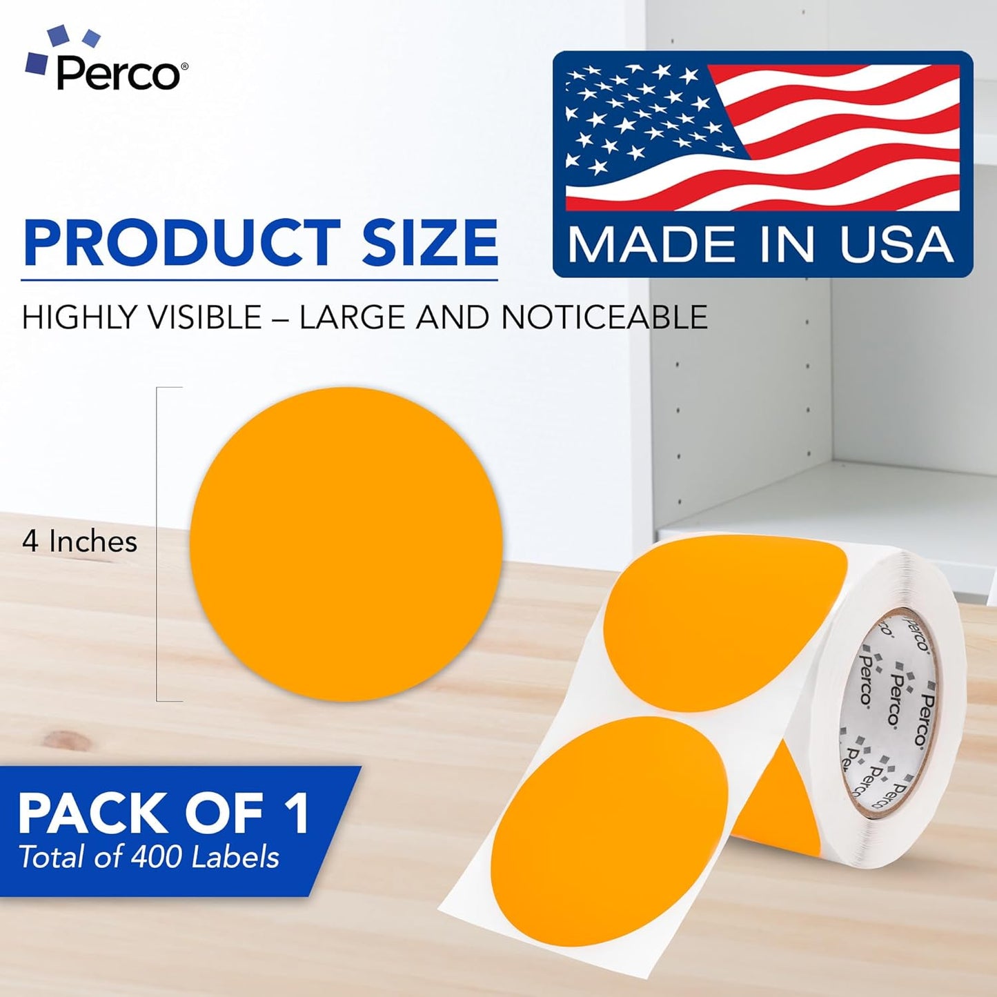 Perco Fluorescent Orange 4-Inch Round Circle Dot Sticker Labels with Easy Peel Perforation - 400 Labels per Roll - Strong Adhesion, Vibrant Colors for Organizing, Crafting & More - Made in USA