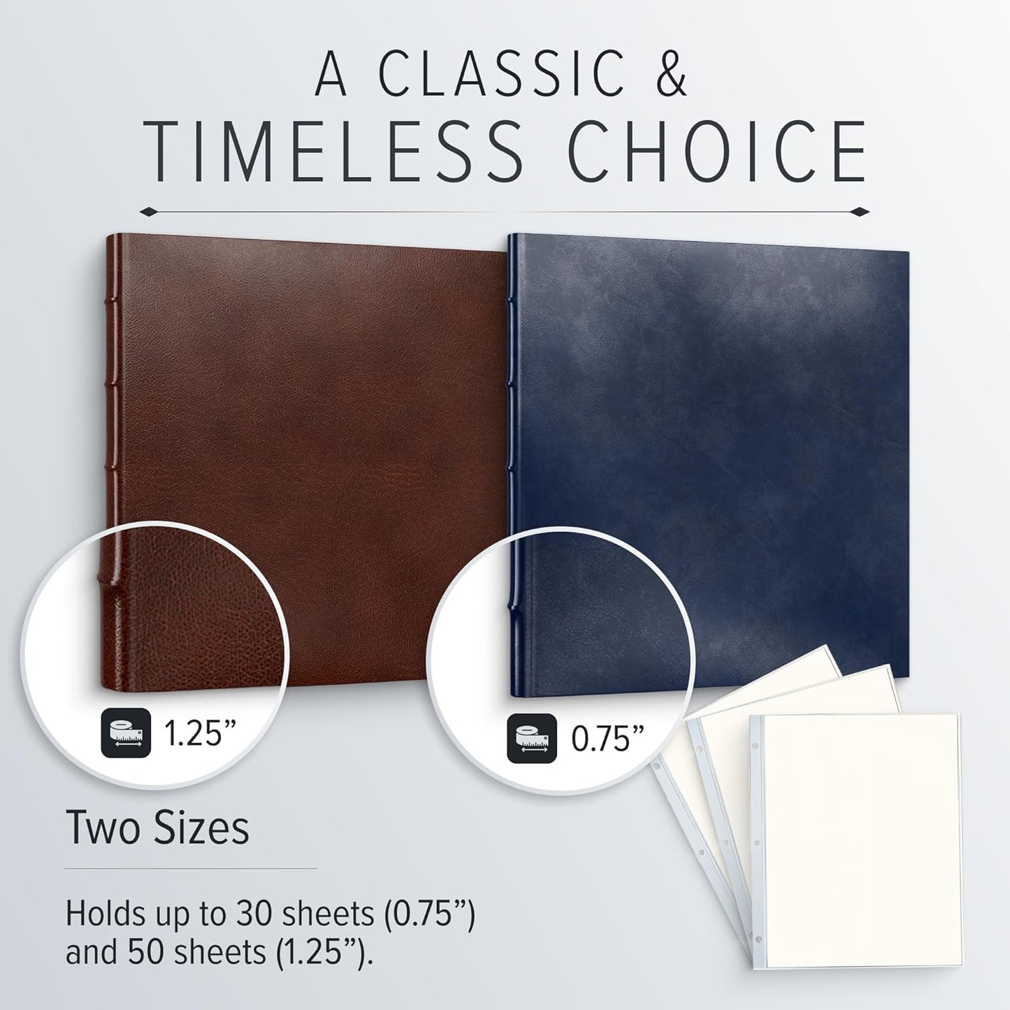 Gallery Leather 3 Ring Binder with Plastic Sleeves, Includes 10 Sheets, Sheet Size: 8.5" x 11" - Presentation Binder Rings with Window and Hubbed Spine, Thick: 1.25" Belfast Black