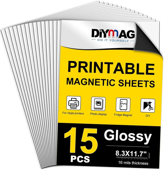 DIYMAG 15Pcs Printable Magnetic Sheets, 8.3x11.7inch Flexible Magnet Sheets Glossy Magnets Paper Non Adhesive Make Refrigerator Photo for Inkjet Printer, Photo Sheet for DIY Crafts