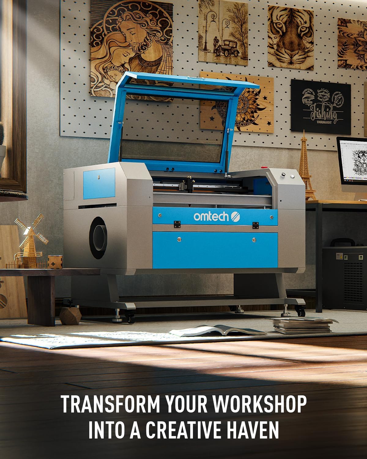 OMTech 90W CO2 Laser Engraver with LightBurn and Water Chiller, 20"x28" Laser Engraving Cutting Machine with Autofocus Autolift 4 Way Pass Air Assist, Commercial Laser Cutter