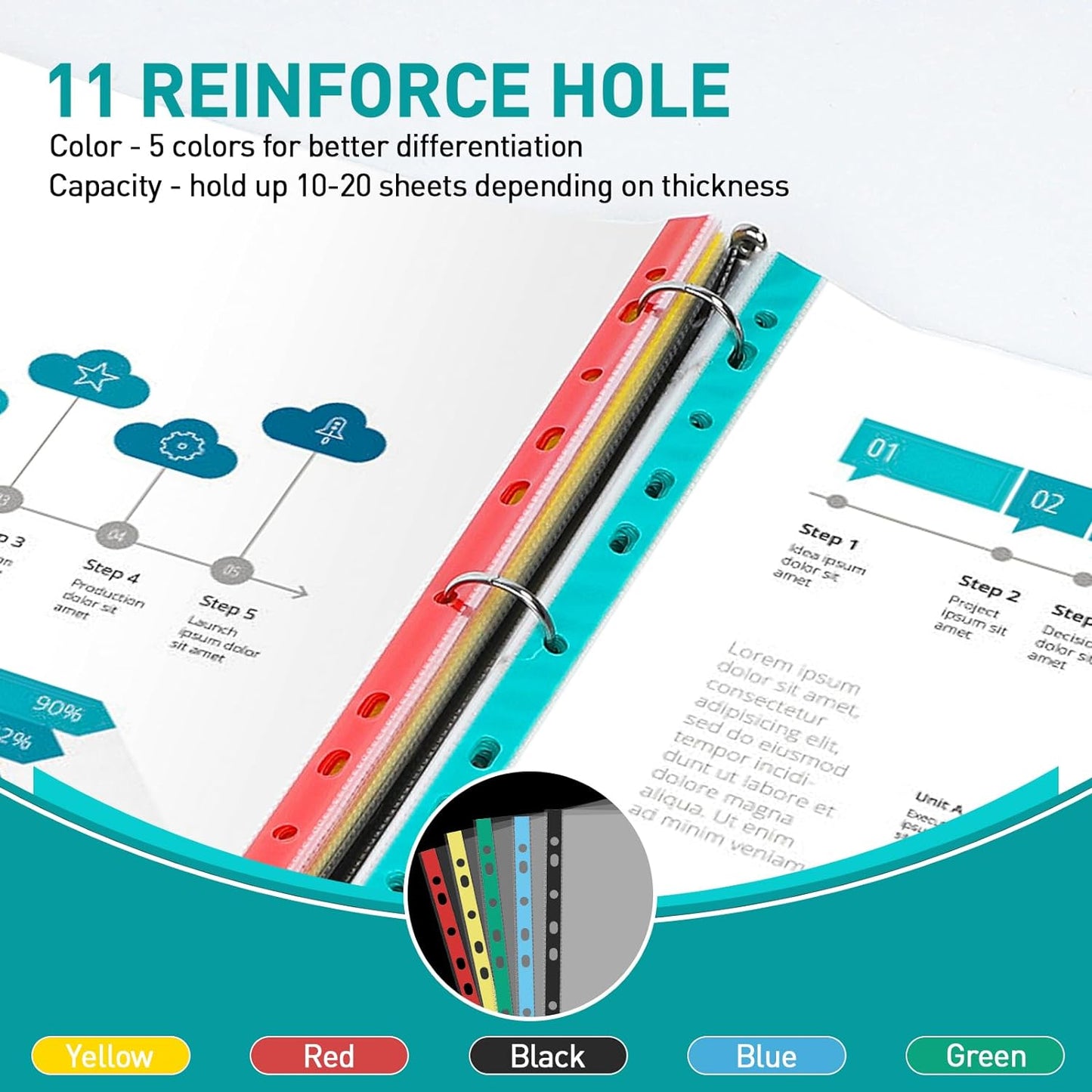 Sheet Protectors, PANDRI 600 Pack Color Heavy Duty Plastic Page Protectors Sheet Reinforced 11-Hole Fit for 3 Ring Binder Fits Standard 8.5 x 11 Paper, 9.25 x 11.25 Top Loaded, Excluding Acid
