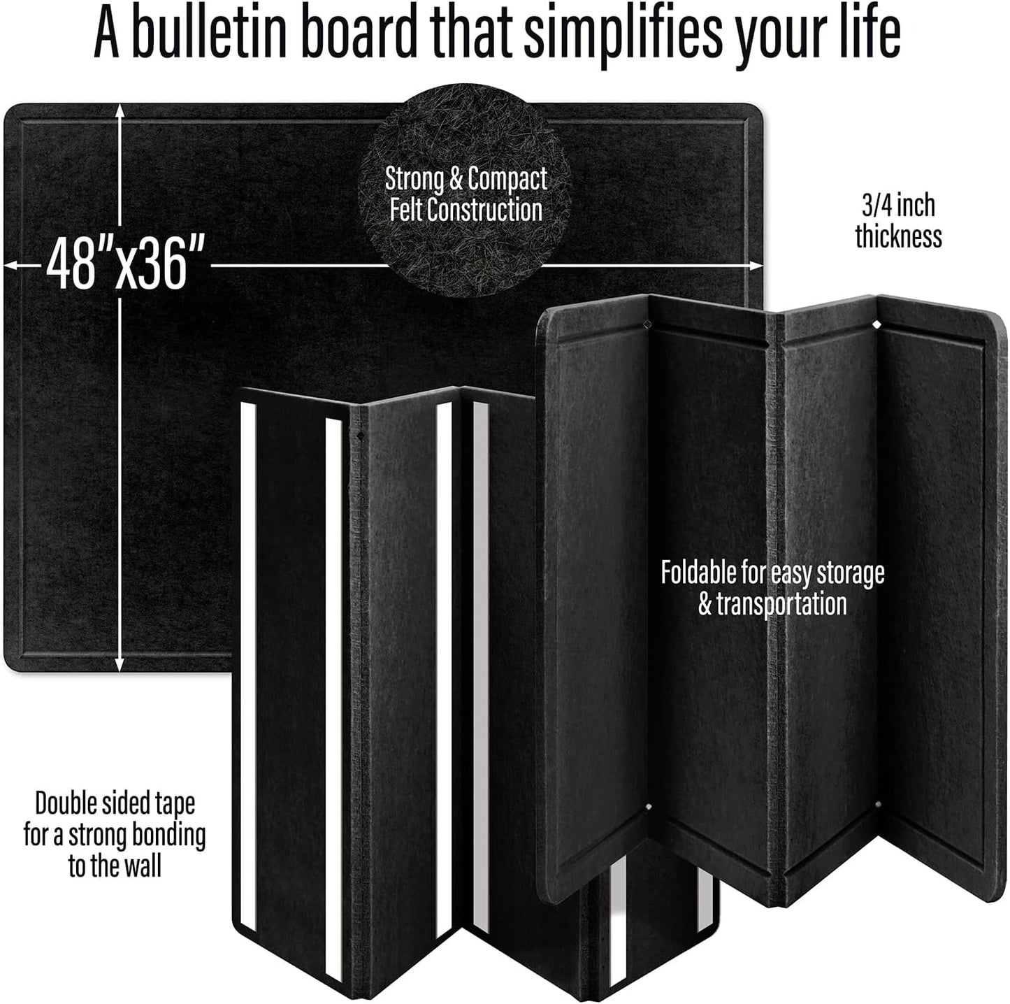 Large Bulletin Board 48 x 36 Inches - Foldable Felt Bulletin Board for Wall, Cork Board Alternative with 100 Color Pins & 6 Note Pads, Vision Board - Black