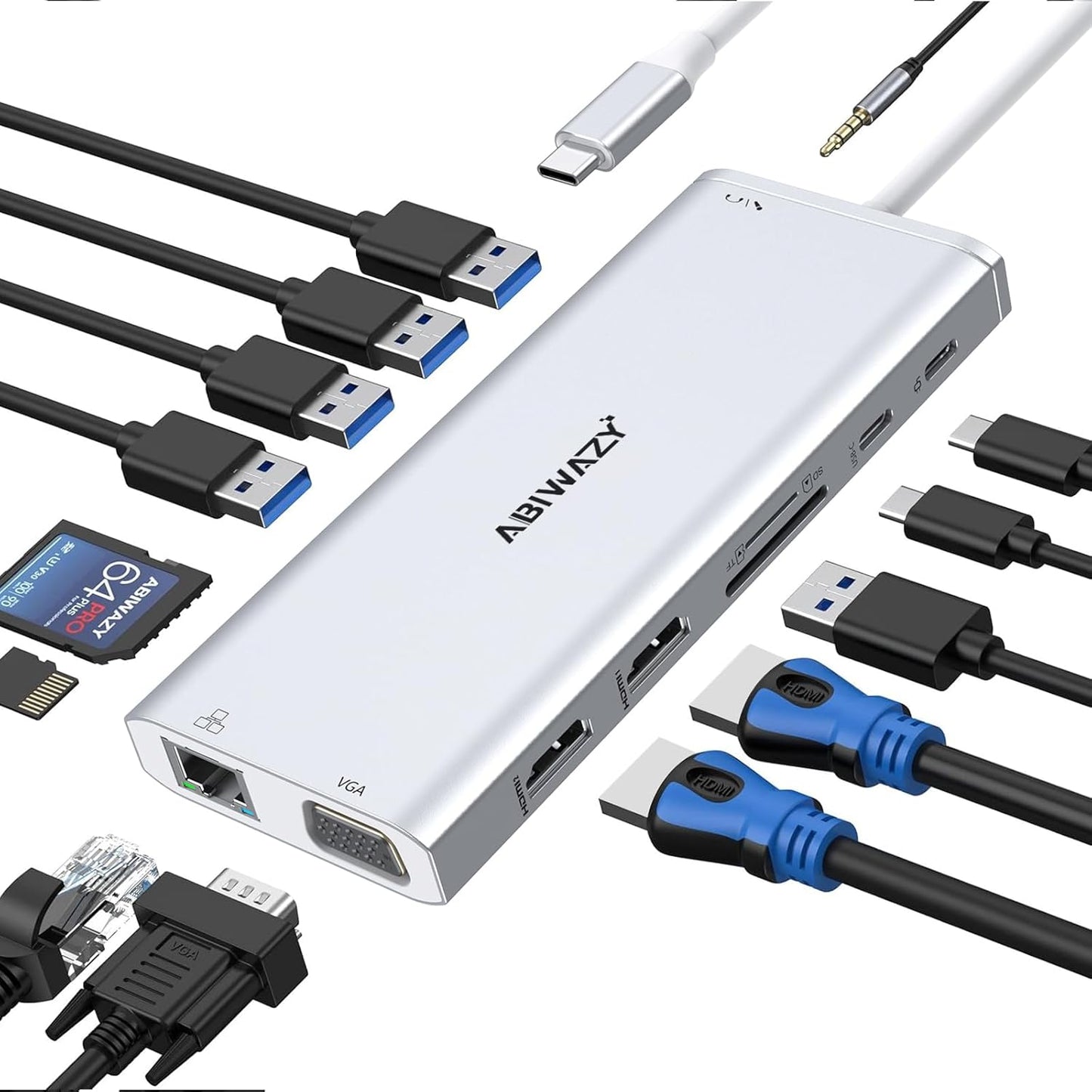 USB C Docking Station Dual Monitor for Dell/HP/Lenovo/Surface Laptop, 14 in 1 Triple Display Hub Multiple Adapter, Dongle with 2 HDMI 4K+VGA+5 Port+100W PD Charger+Ethernet+SD/TF+Audio(Sliver)