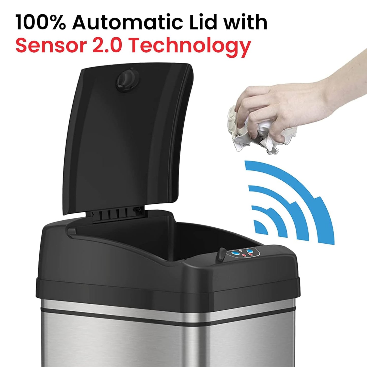iTouchless 13 Gallon Sensor Trash Can 2.0 – Touchless Lid, Dog-Proof Lock, Odor Filter, Stainless Steel, Battery or Plug-in, for Kitchen, Home, or Office
