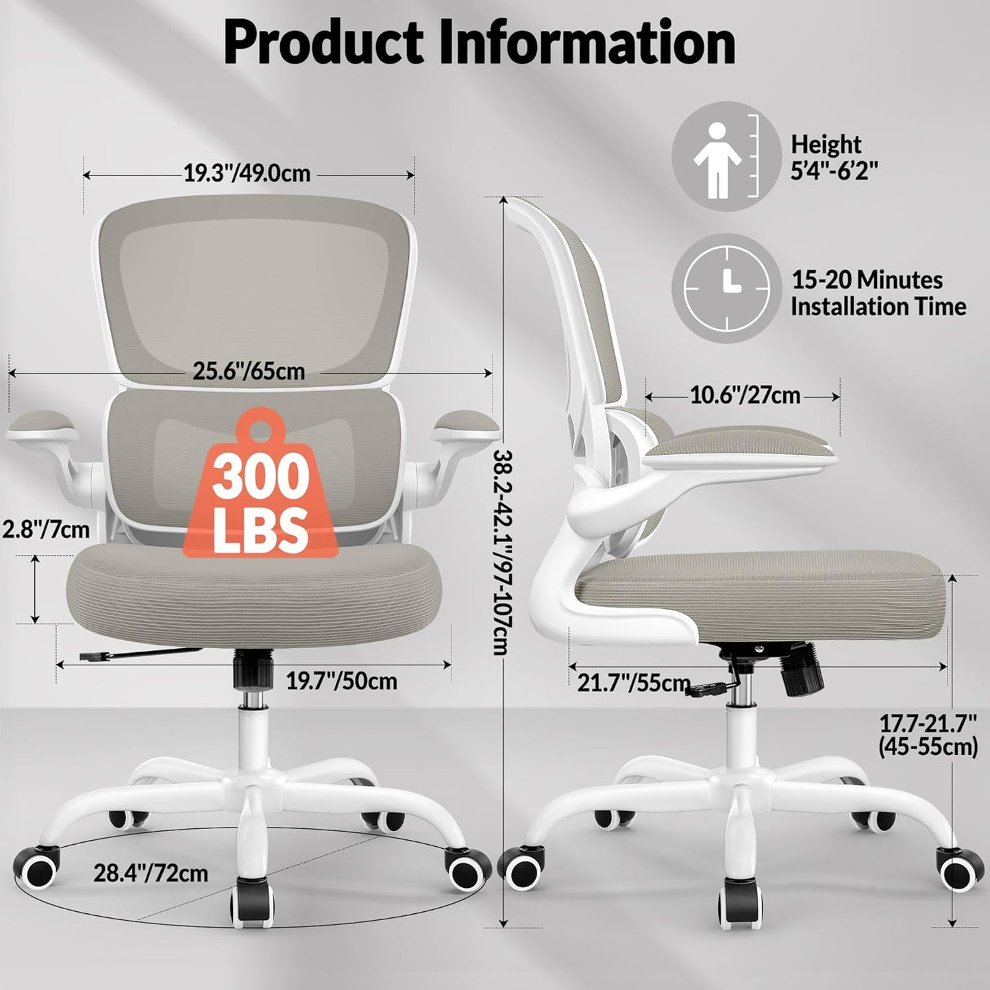 Home Office Desk Chair, Ergonomic Office Chair with Lumbar Support and Adjustable Armrests, Rocking Office Chair, Breathable Mesh Mid Back Computer Chair, Modern Comfy Desk Chair