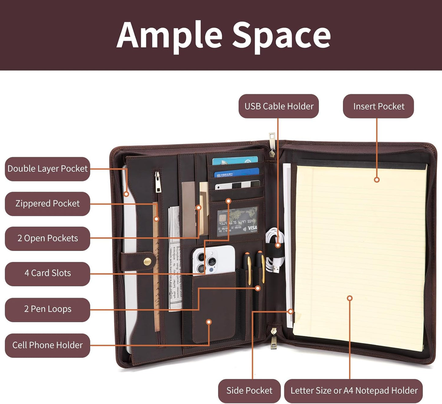 Genuine Leather Portfolio for Women and Men, 8.5 x 11 Legal Pad Padfolio, Zippered Notebook Organizer for 13” Laptop, Business Executive Professional Folio for Work, Dark Brown