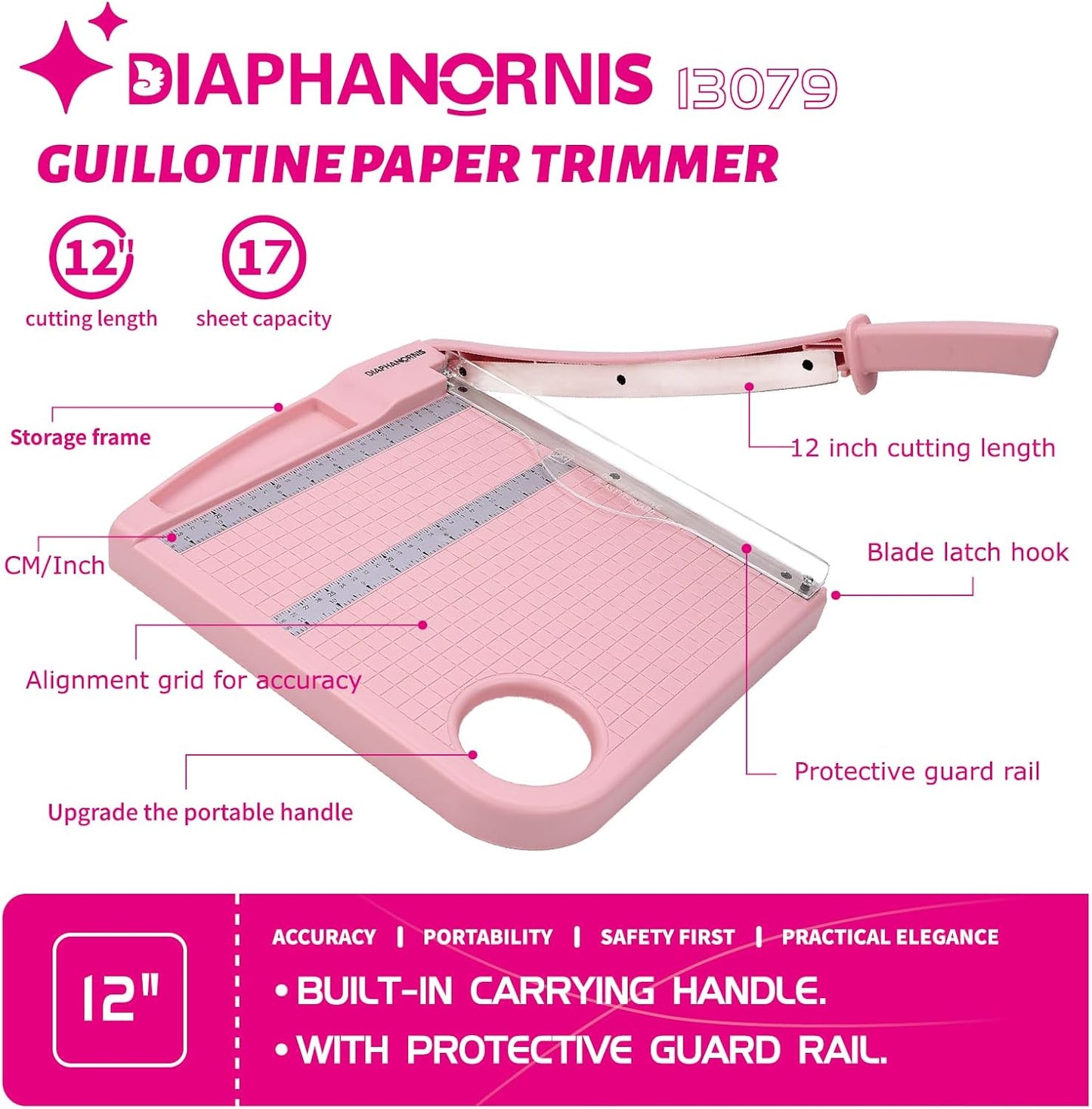 Paper Cutter Trimmer for Office&Crafts, Heavy Duty Guillotine Paper Trimmer with Portable Base Design/Safety Protection and Blade Lock, Paper Cutter 12 Sheets, Cardstock/Laminate (Pink)