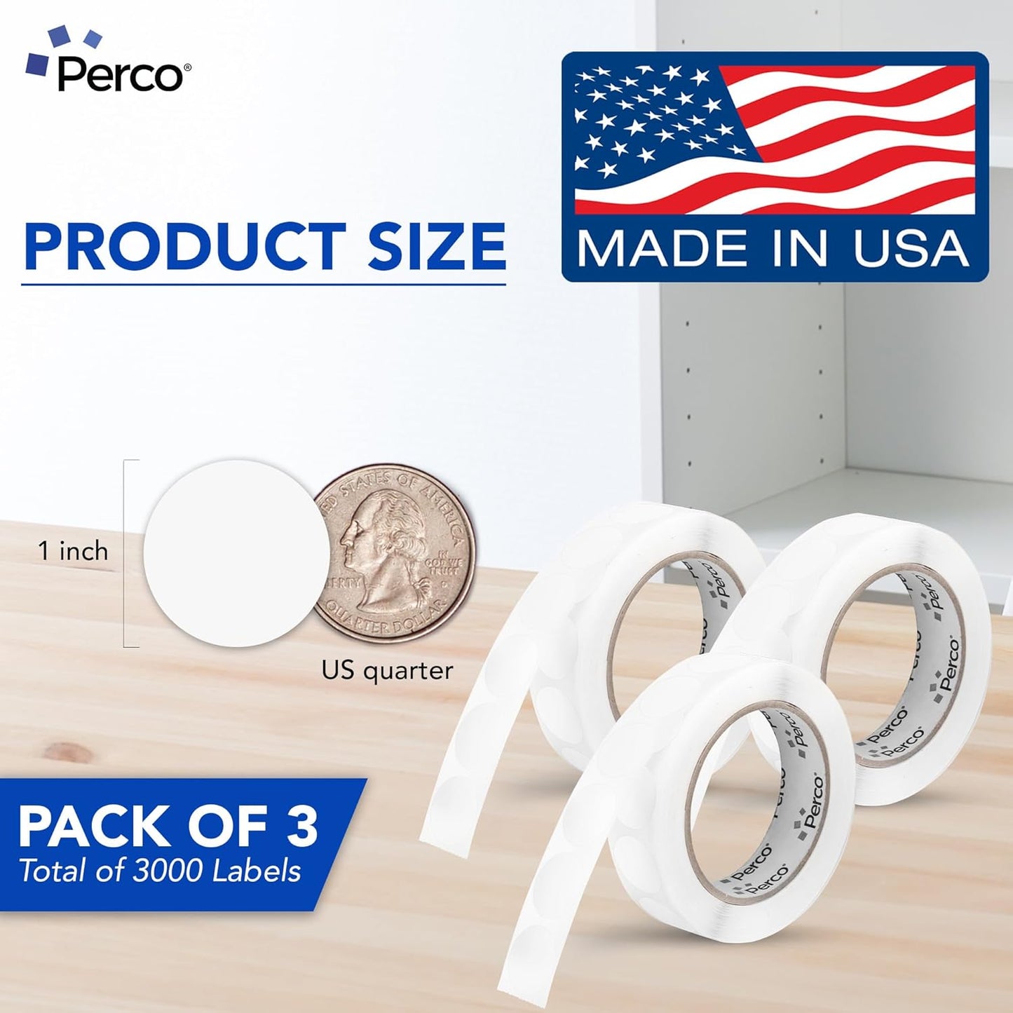 Perco Clear 1-Inch Round Circle Dot Sticker Labels - Multi-Roll Pack (3 Rolls, 1,000 Labels Each) - Permanent Adhesive, Vibrant Colors, Strong Hold - Perforated for Easy Use - Made in USA