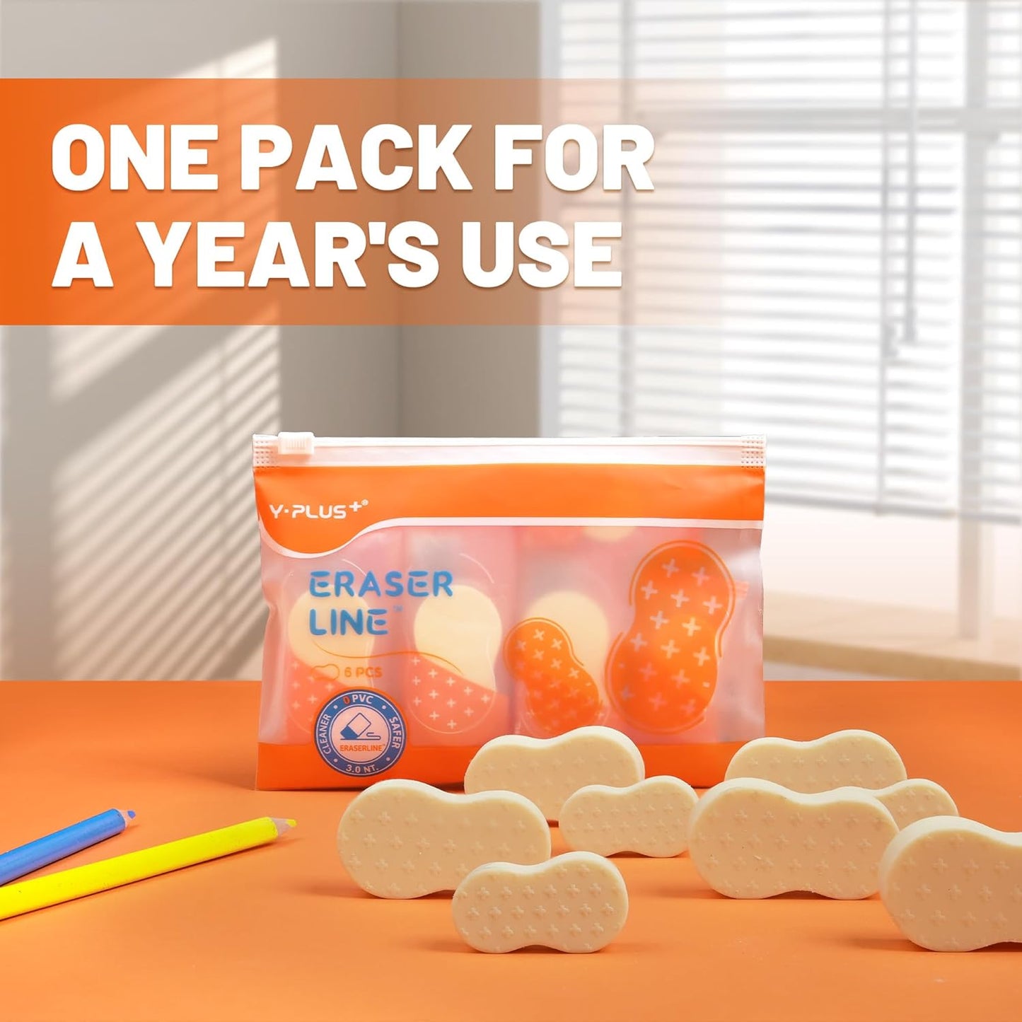 Yplus Eraser Line - Hipolymer Pencil Erasers for School Office, Cute White Rubber Eraser for Kids, Artist No Residues, 6 Pcs Stocking Stuffers for Kids Toddler