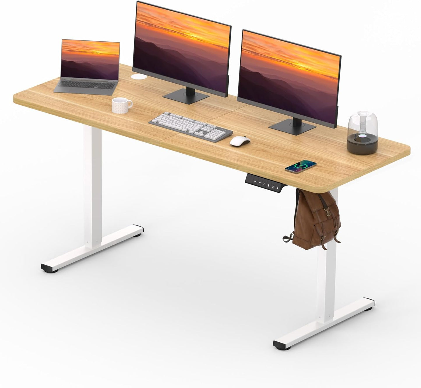 Adjustable Standing Desk, 63x24 Inches Home Office Desk with Memory Preset Computer Workstation Maple Top + White Frame