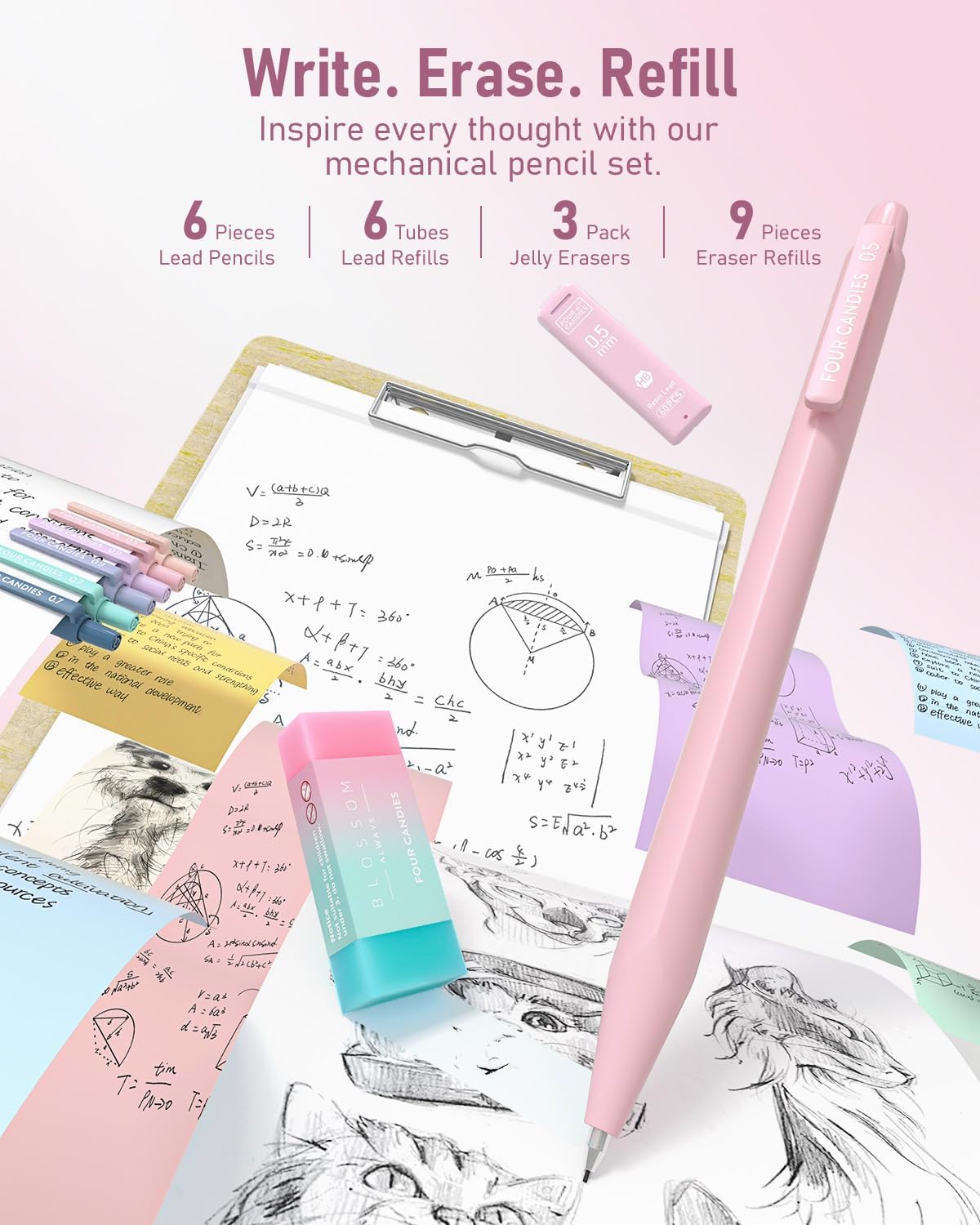 Four Candies 39 PCS Aesthetic School Supplies with Cute Pen Case, 12 Pastel Highlighters, 5 Black Ink Gel Pens, 6 Mechanical Pencils Set 0.5 & 0.7 mm for Students Stationary College Essentials (Pink)