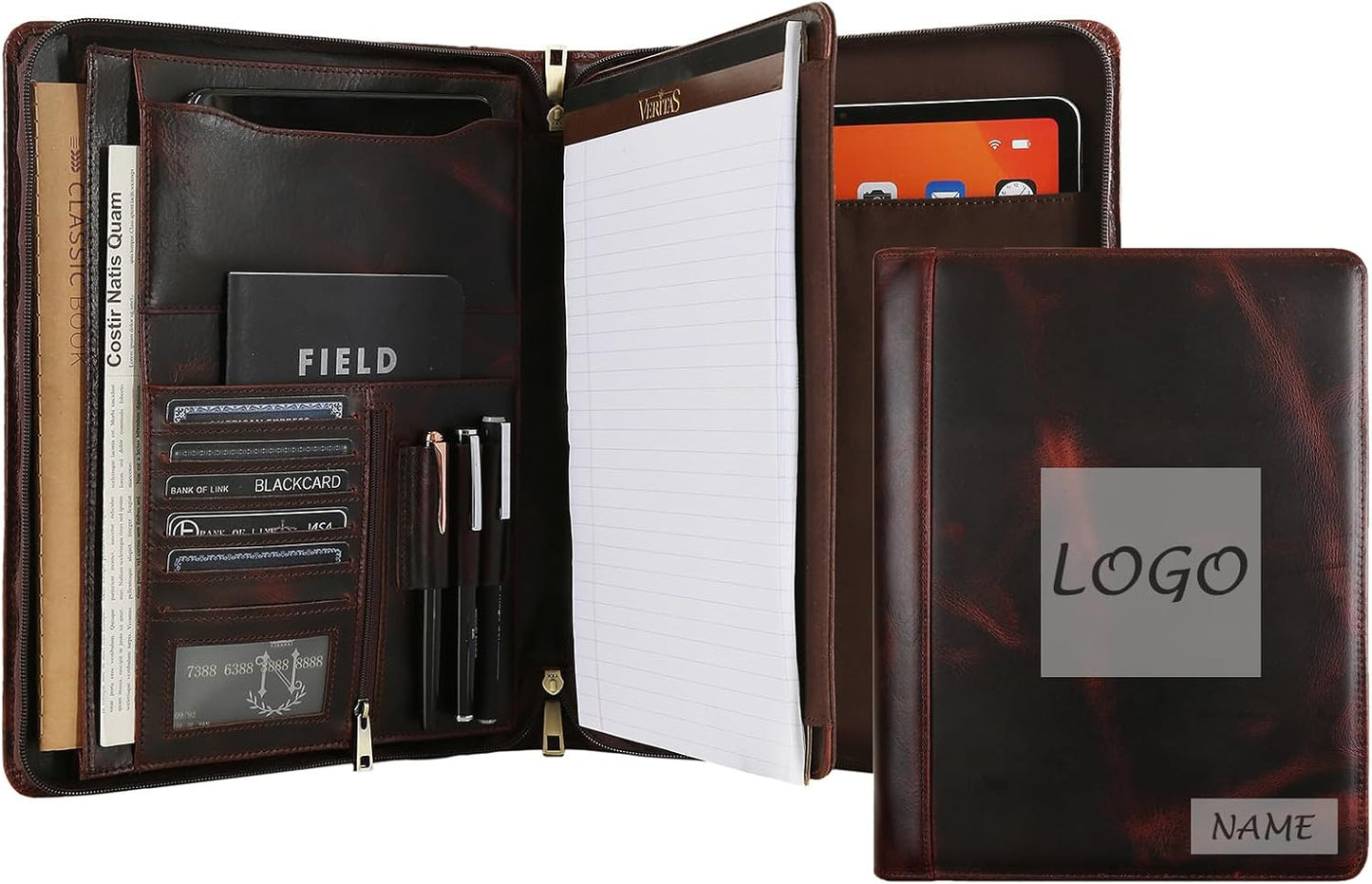 Personalized Leather Portfolio Organizer for IPad/Document, Business Padfolio with A4 Leather Notepad Holder, Custom Leather Compact Folder Conference Portfolio for Men and Women, Oil-Red Brown