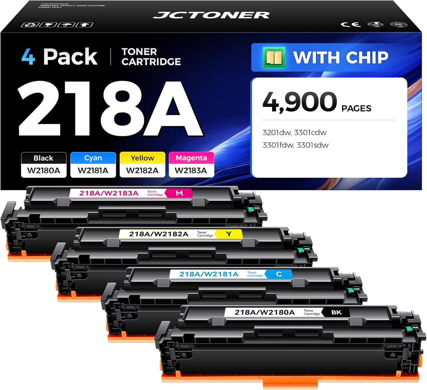 218A Toner Cartridge Set (with chip 4-Pack) Replacement for HP 218A W2180A W2181A W2182A W2183A 218X W2180X Compatible with HP Color Laserjet Pro MFP 3301cdw 3301fdw 3301sdw 3201dw Printer Ink Black