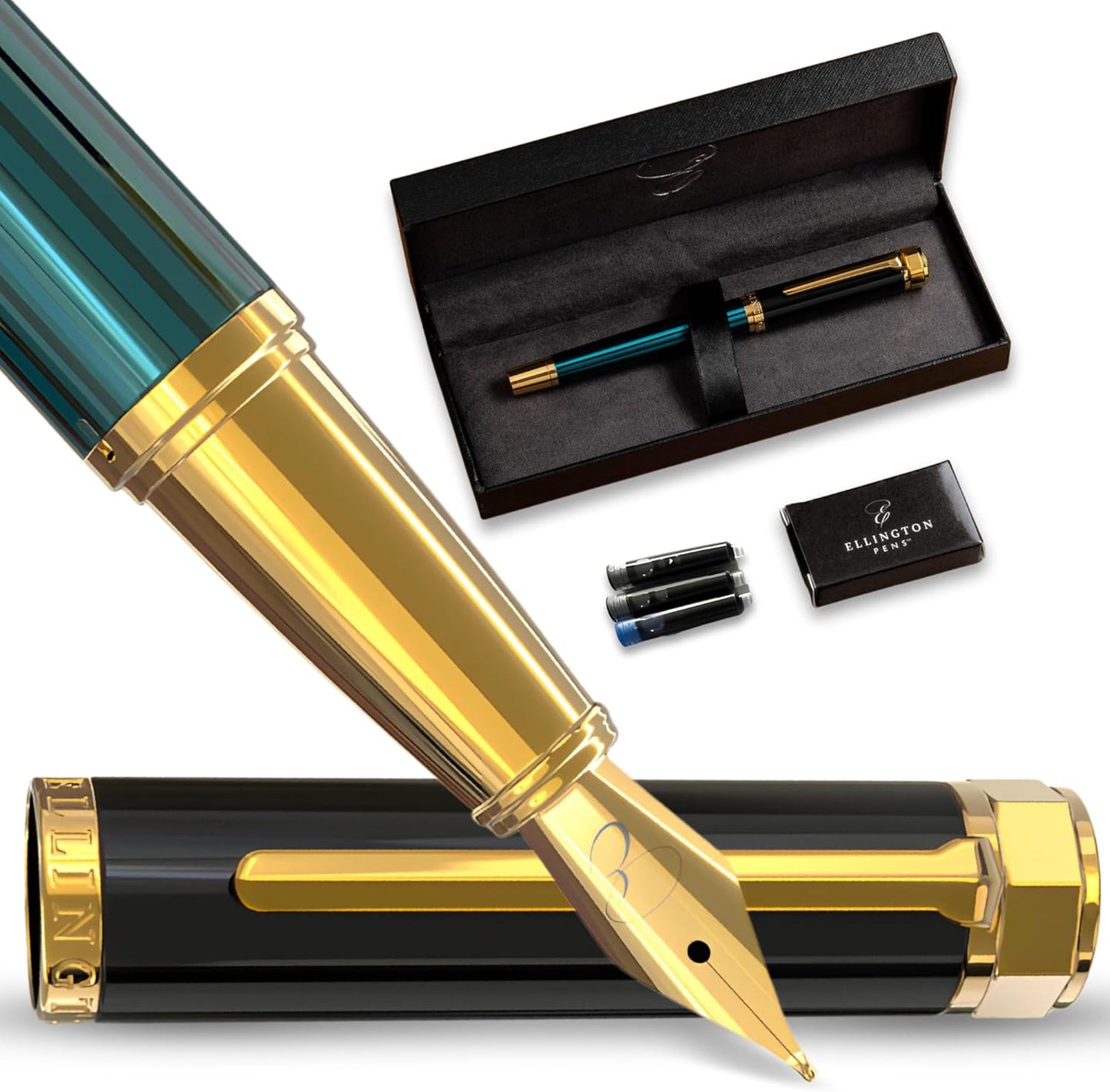 Luxury Fountain Pen Set- Fountain Pens for Writing - Smooth Extra Fine Nib - Includes Refillable Ink Converter, 3 Ink Cartridges [Black & Blue], Gift Box - Elegant Calligraphy