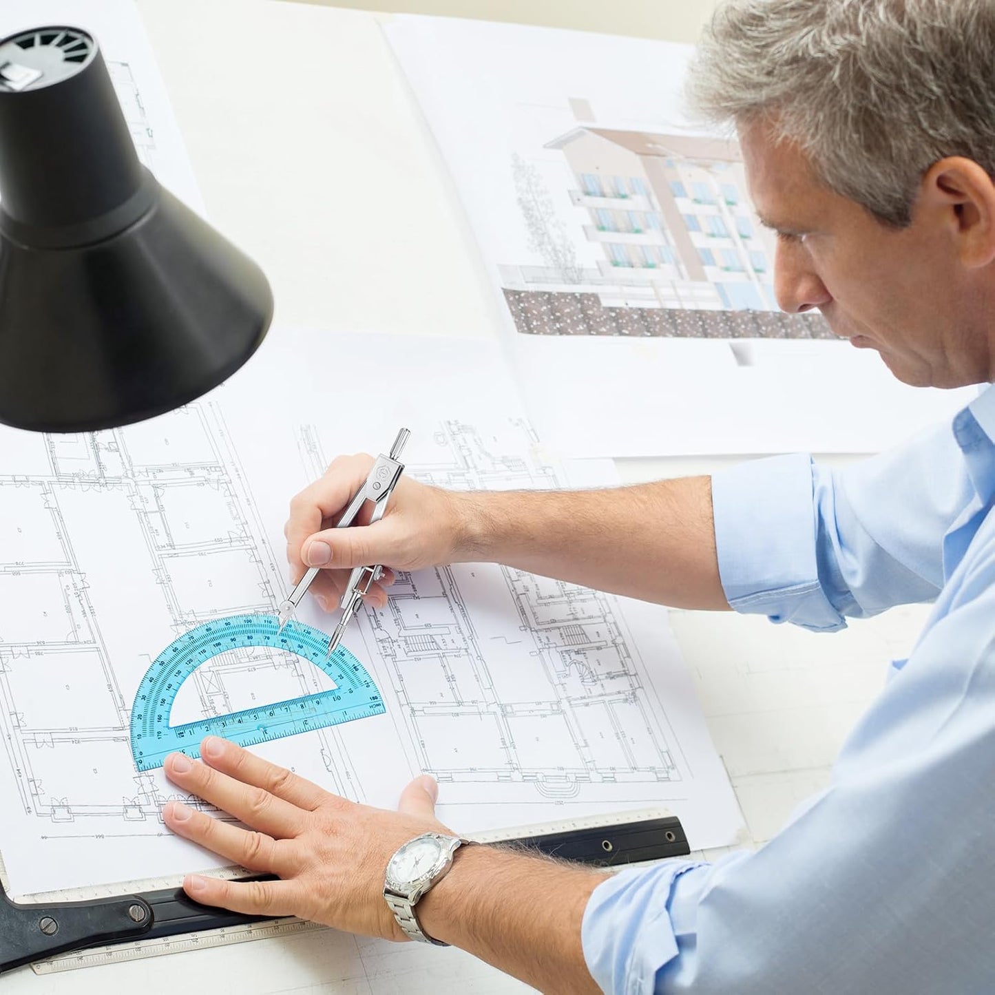 EBOOT Student Geometry Math Set, Drawing Compass and 6 Inch Swing Arm Protractor 180 Degree Math Protractor (Blue)