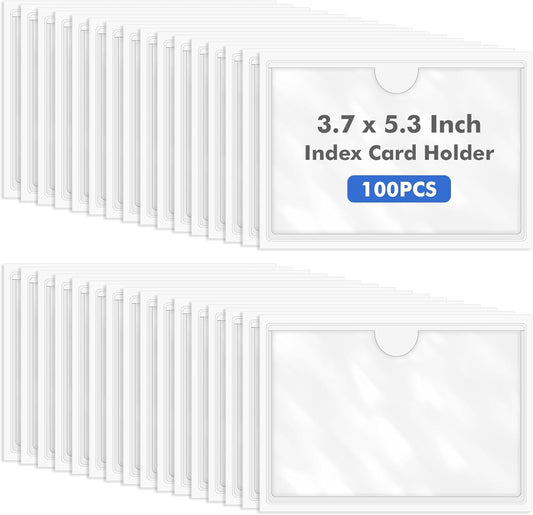Circloophs 100 Packs Self Adhesive Index Card Pockets for 3”x 5” Card, Adhesive Label Holders with Top Open - 3.7”x 5.3” Clear Adhesive Label Pockets for Storage Bins, Locker, Shelves, Library, Office