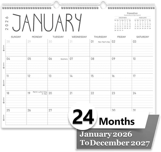 GuassLee Large Wall Calendar 2026-2027, 24-Month 22" x 17" Wall Calendar from Jan. 2026 to Dec. 2027, Large Desktop Hanging Monthly Planner with Thick Paper, Ruled Blocks for Home School Office