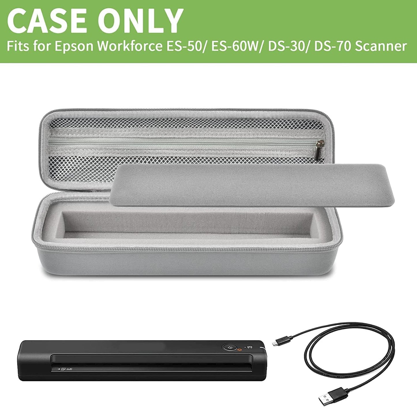 Case Compatible with Epson Workforce ES-50/ ES-60W/ ES-55R/ ES-65WR/ DS-30/ DS-70/ DS-80W Portable Sheet-Fed Document Scanner, Storage for Epson Scanner for PC and Mac- Grey (Box Only)