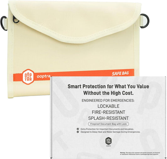 Fireproof Document Bag (Beige) – Waterproof Zipper – Lightweight & Portable – for Home, Office & Travel – Holds Files, Cash, Passport, Valuables – Fire & Water Resistant – with External Buckle