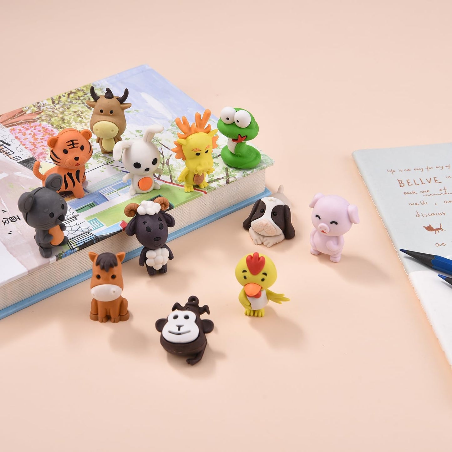 12 Pack Animal Erasers for Kids, 3D Puzzle Eraser for Boys Girls, Chinese Zodiac Erasers for School Supplies Prize Gifts Party Favors
