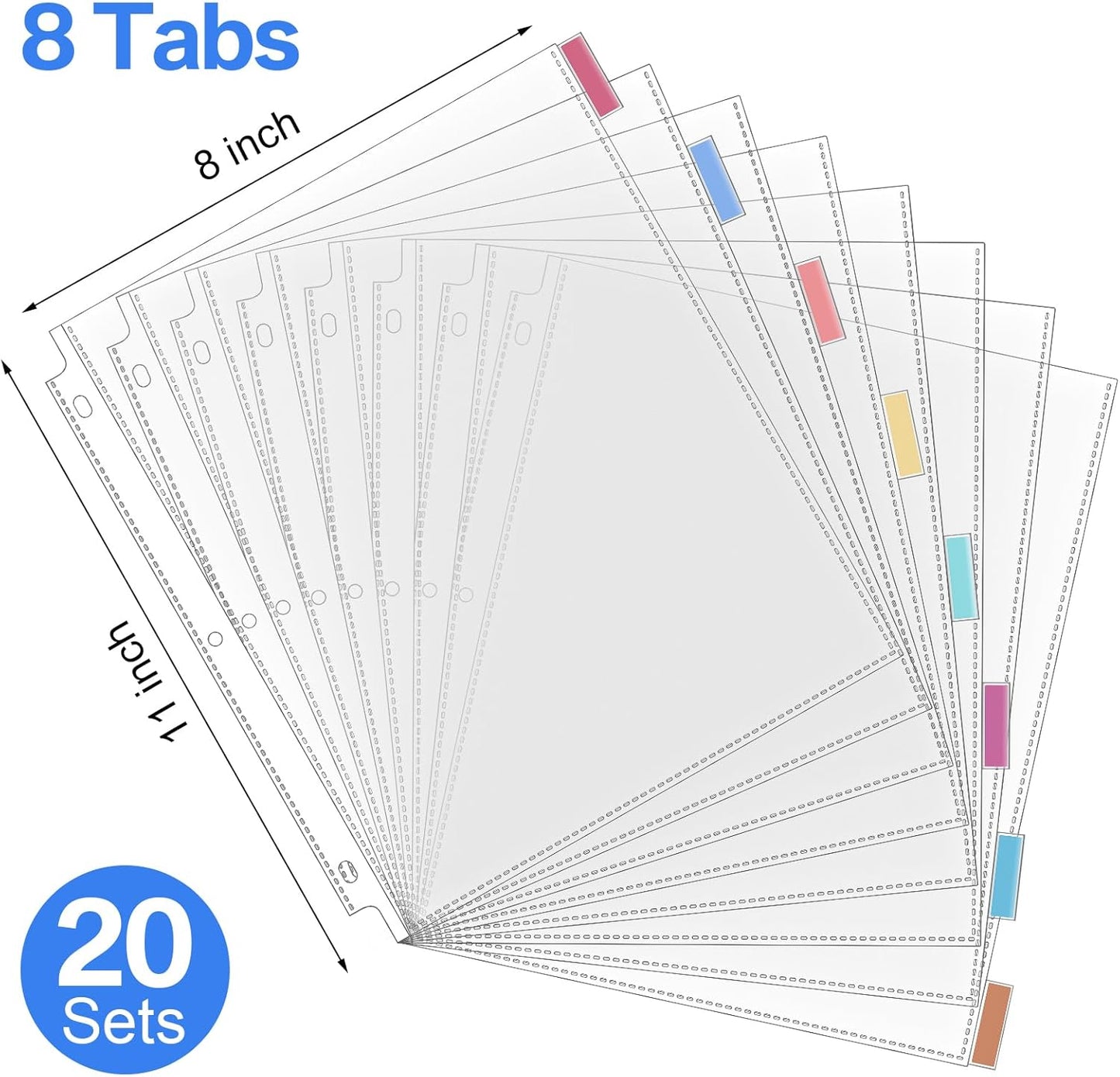 ReliThick 12 Set of 96 Pack Clear Sheet Protectors 8.5 x 11 Inch Page Protector for 3 Ring Binder with 8 Tabs Plastic Dividers for 3 Ring Binder, Insertable Index Page Divider Multicolor Tabs