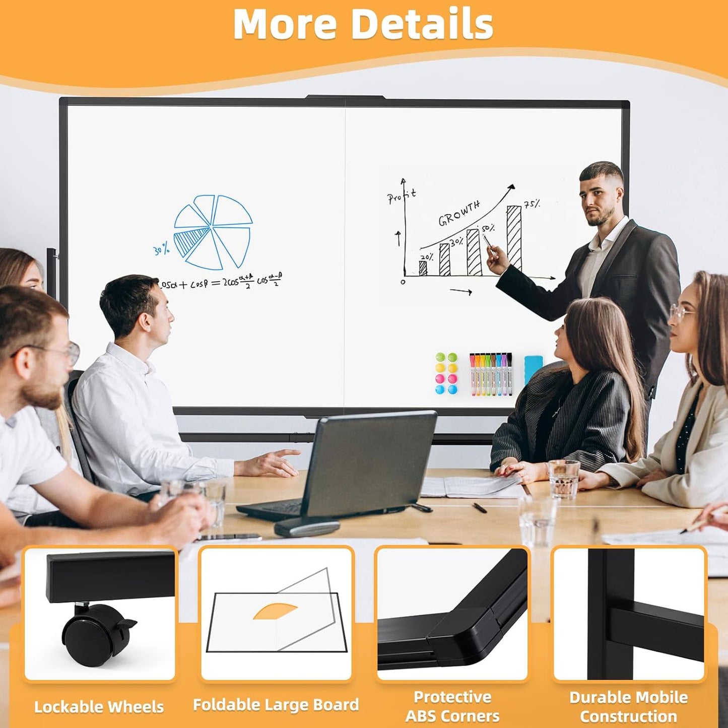 WALGLASS Rolling Whiteboard on Wheels, 72"x36" Double-Sided Dry Erase White Board with Stand, Large Magnetic Whiteboard, Giant Portable Standing Black Boards for Office, School, Home, Classroom 6x3 ft