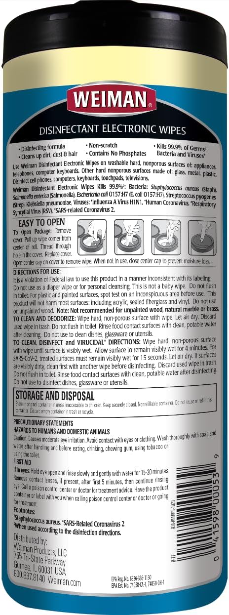 Weiman Electronics & Screen Disinfecting Wipes - Safely Clean and Disinfect Your Phone, Laptop, Keyboard, Tablets, Lens, Wipe, Glasses Cleaner, 30 Count, 2 Pack with MicroFiber Towel