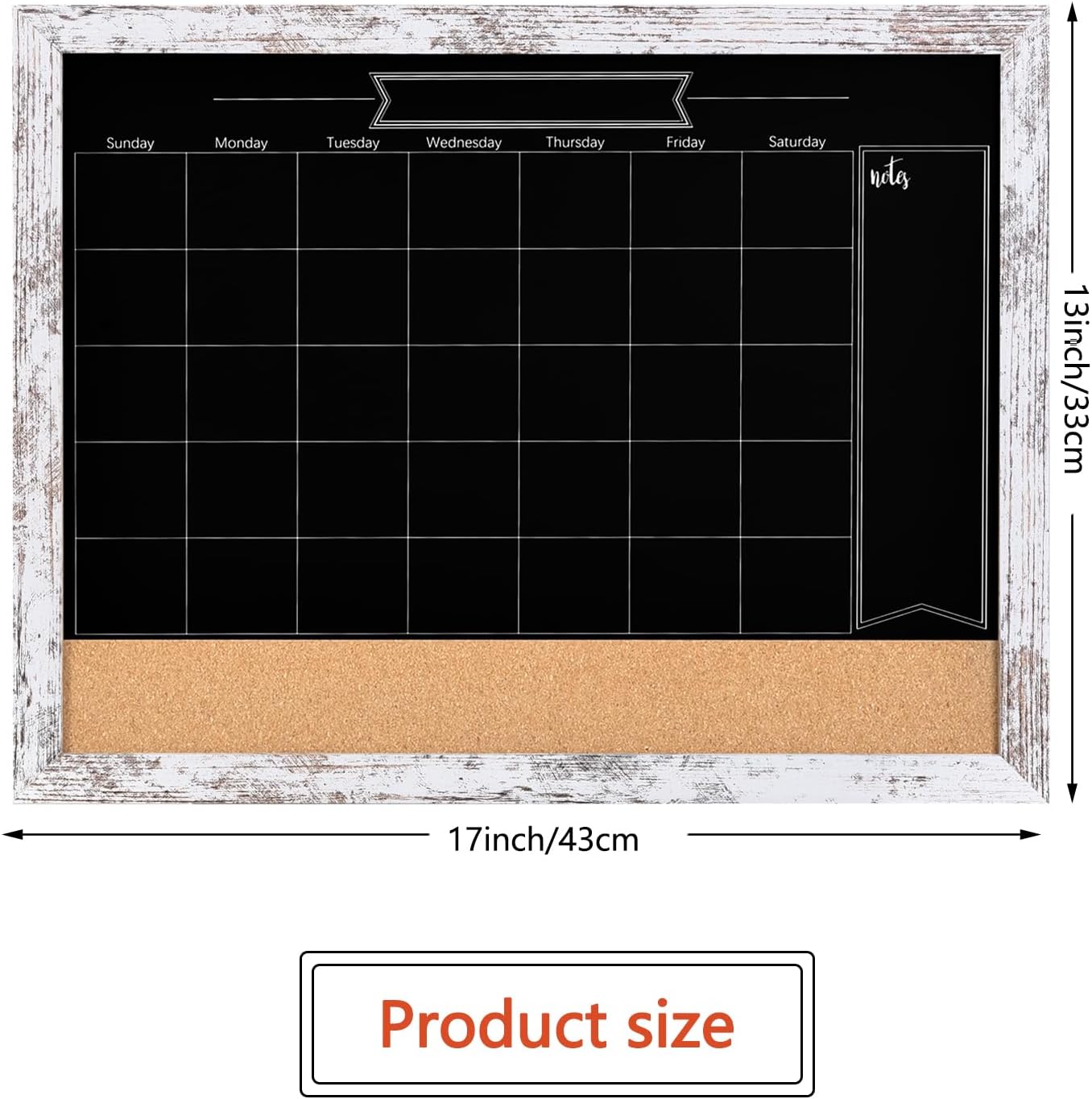 TORASO Magnetic Chalkboard Calendar Corkboard, Small Combination Chalk Board Bulletin Board, 13" x 17", Vintage White Framed Blackboard Calendar Cork Combo Board(ZHHB-Wood WH-3343)