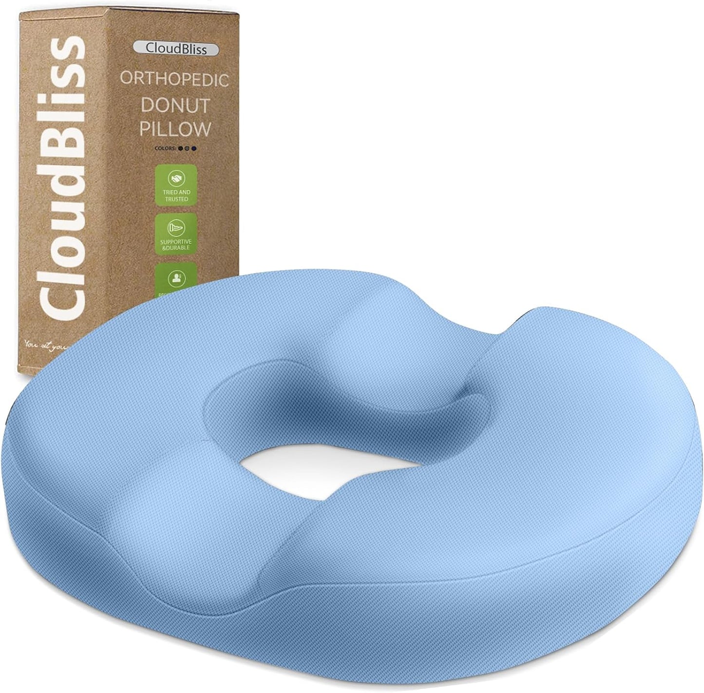 CloudBliss Donut Pillow Seat Cushion Chair Pad for Tailbone Pain Relief and Hemorrhoids, Memory Foam Seat Chair Cushion for Men and Women for Home & Office, (Light Blue)