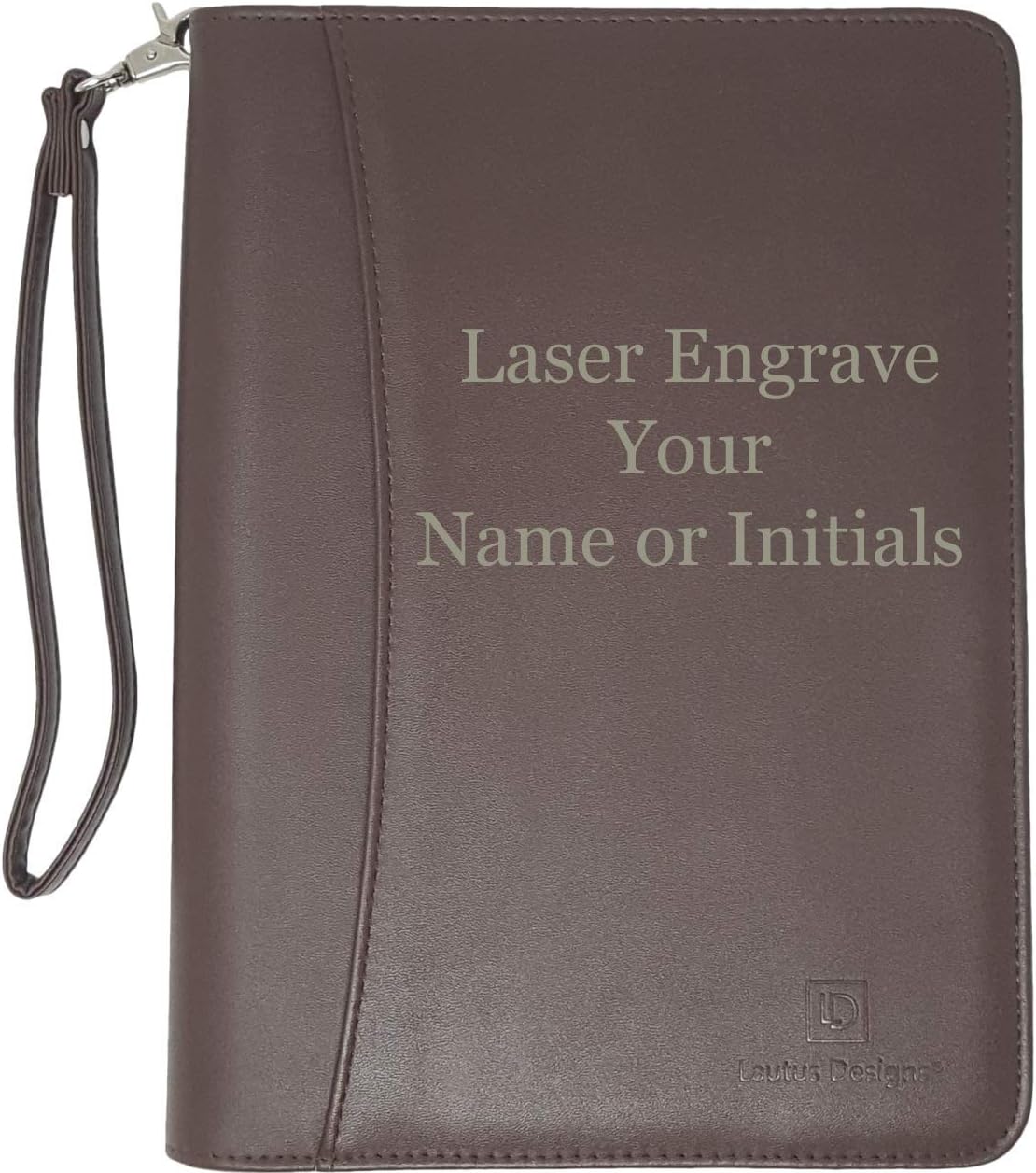 Customized Dark Brown Zippered Portfolio Binder with Junior Legal 5x8 Notepad - Engraved PU Leather Business Padfolio Organizer Folder with 8" Tablet Sleeve & Gift Box by Lautus Designs
