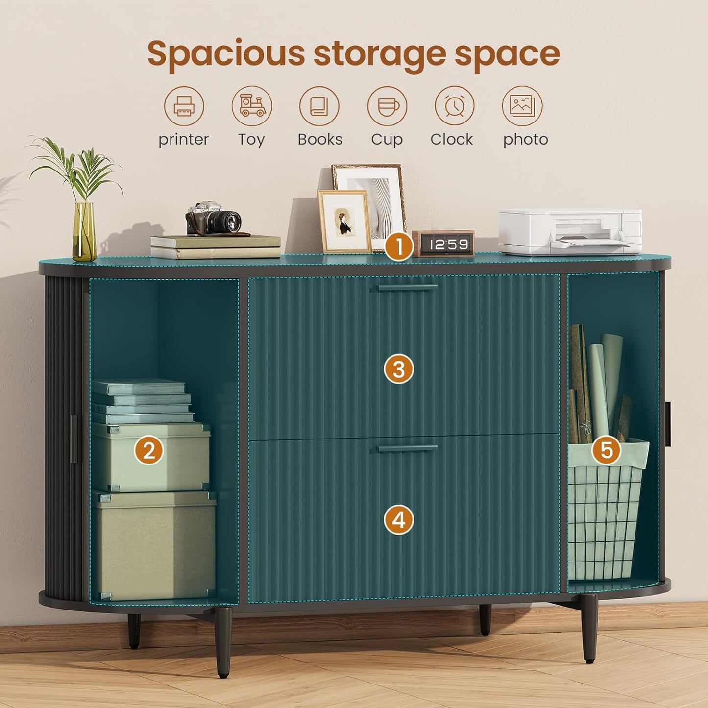 SEDETA 39.4" Filing Cabinet for Home Office, 2 Drawer File Cabinet, fit Legal/Letter/A4 Size, Modern Fluted Filing Cabinets with 2 Sliding Door Storage, Printer Stand, Black