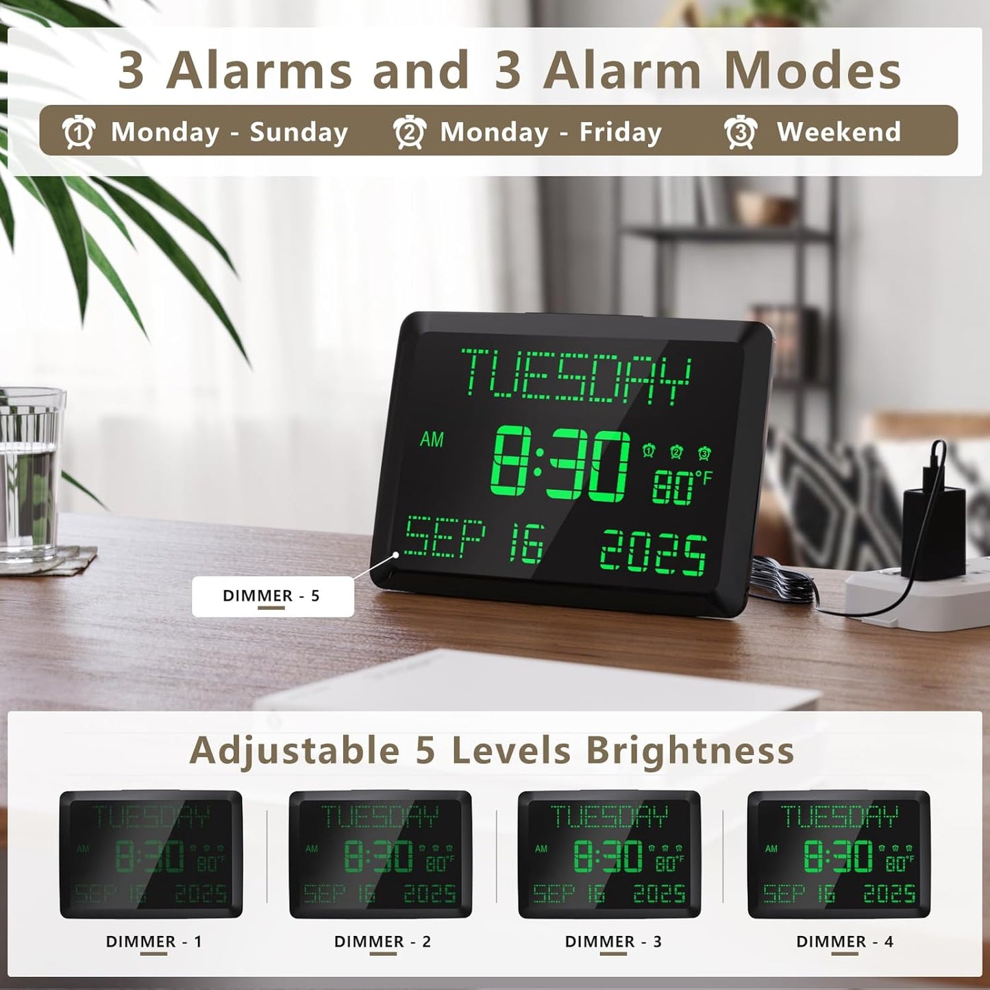 Raynic Day Clock, 11.5" Large Display Calendar Clock with Day and Date, Indoor Temperature, Adjustable Brightness, Snooze,12/24H, DST for Home, Office, Elderly