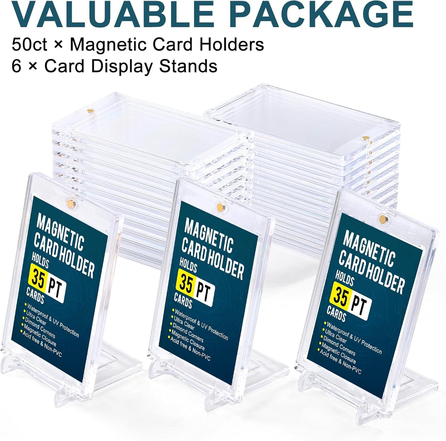 GEAoffice 50pc 35pt Magnetic Card Holder with Display Stands, UV Protection Baseball Card Holder for Trading Cards, Hard Plastic Display Card Protectors for Baseball Cards, Sports Cards