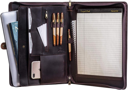 Genuine Leather Business Portfolio Padfolio Folder with Zipper for Men, Men's Leather Padfolio Folder for 13" Laptop, Business Portfolio with Letter Size Notepad, Graduation Gift，Dark Brown
