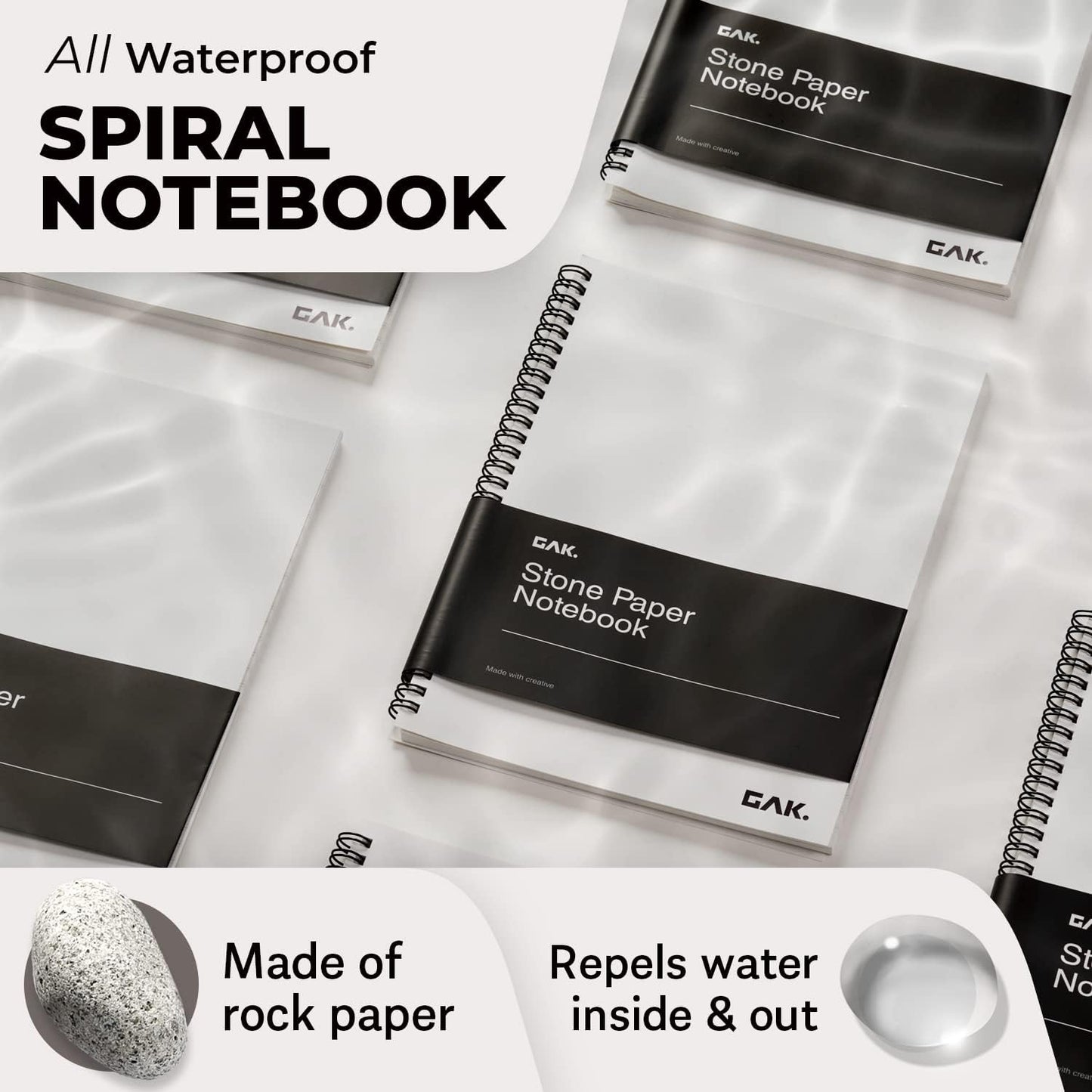 GAK. Stone Paper Waterproof Sheet Spiral Notebook (M Size) – 5.8”x8.3”, 50 sheets, Stone Paper Notebook Journal Note Taking Waterproof Notepad College Ruled Paper Black Notebook Aesthetic School