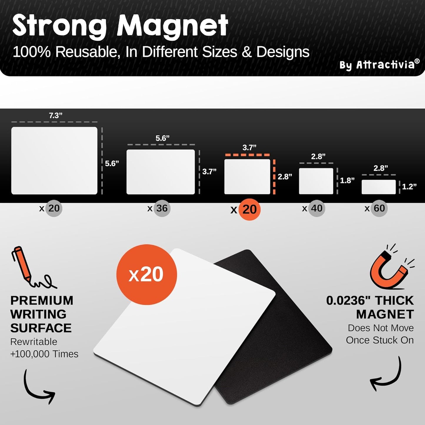 Dry Erase Magnetic Labels 3.7 x 2.8 in, Medium Dry Erase Magnets, 20-Pack, White Erasable Write-On All-Purpose Labels, for Office, Education, Home, Whiteboard
