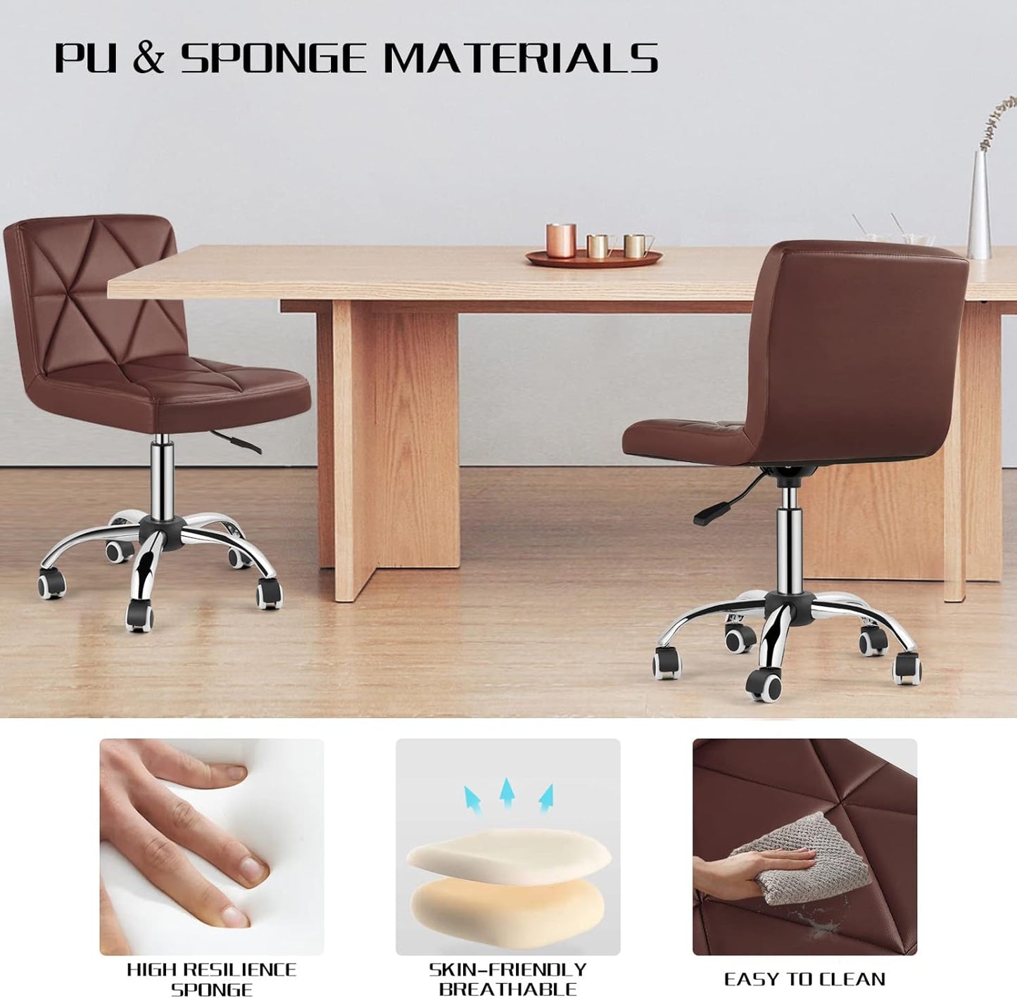 COSVALVE Armless Desk Chair, Mid Back 360 Swivel Office Chair, Height Adjustable Executive Conference Task Chair with Rolling Wheels and Diamond Pattern for Home Bedroom Computer Barber, Brown