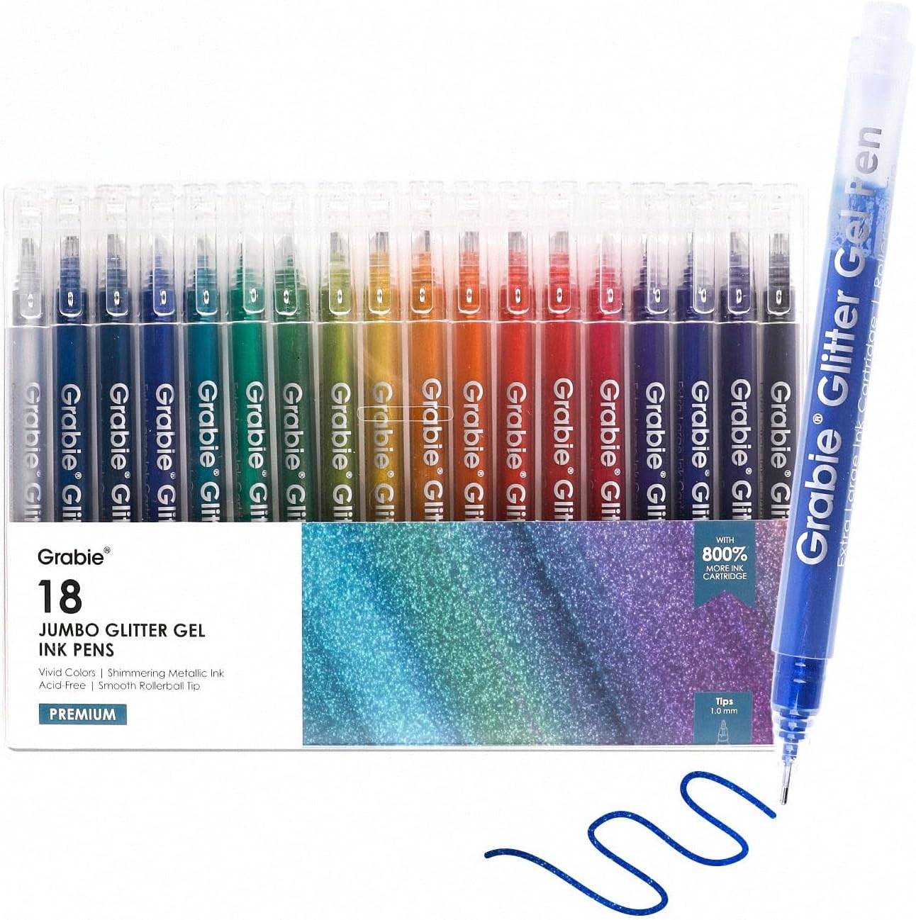 Grabie Jumbo Glitter Gel Ink Pen Set Of 18, Metallic Vibrant Sparkle Gel Pens for Coloring, Sparkle Markers, Glitter Pens for Adults (18 Colors Jumbo Gel Pens)