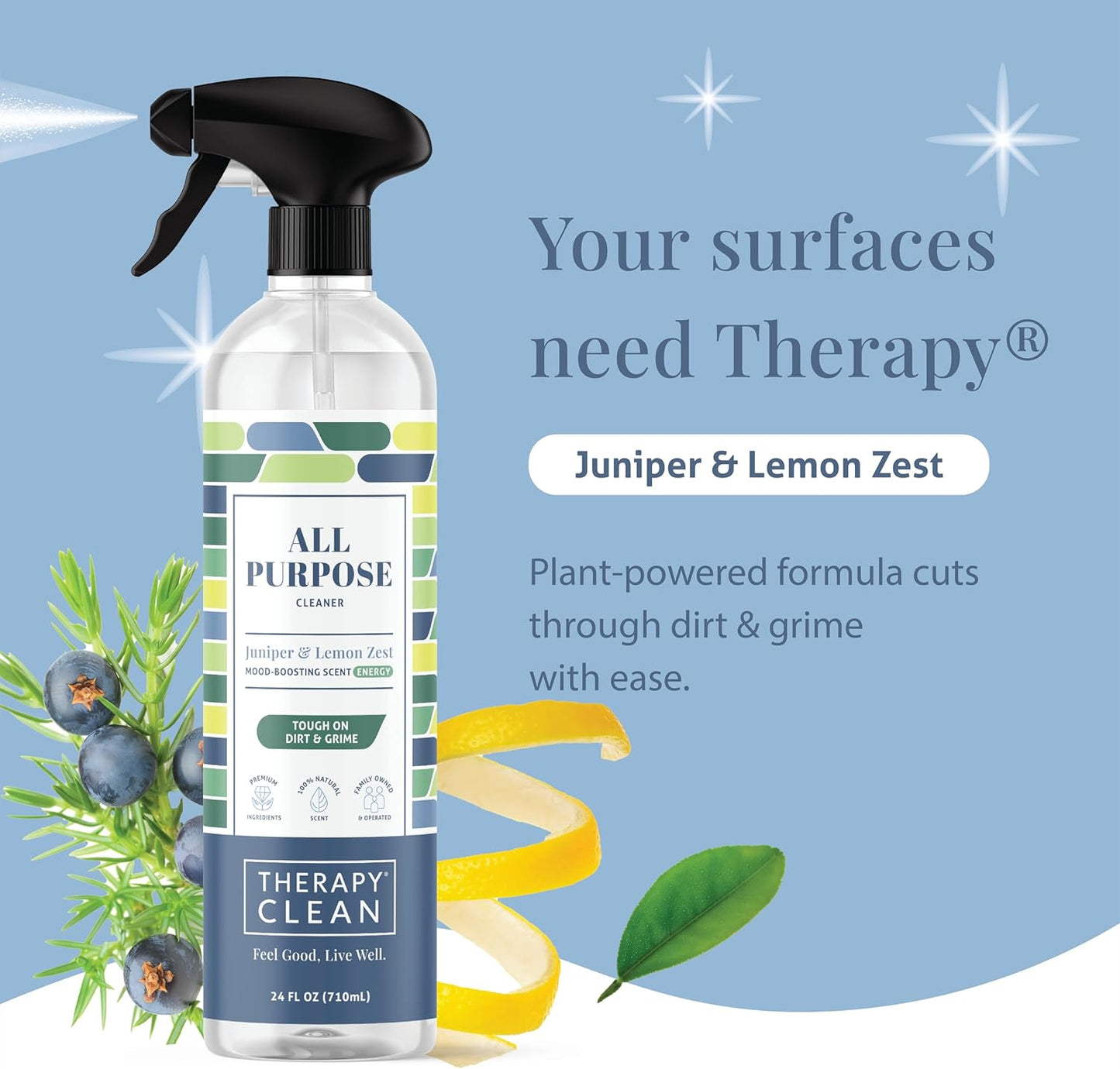 Therapy Clean All Purpose Cleaner Juniper & Lemon Zest 24 oz (Pack of 6), 100% Natural Fragrance, Plant-Powered Multipurpose Cleaner