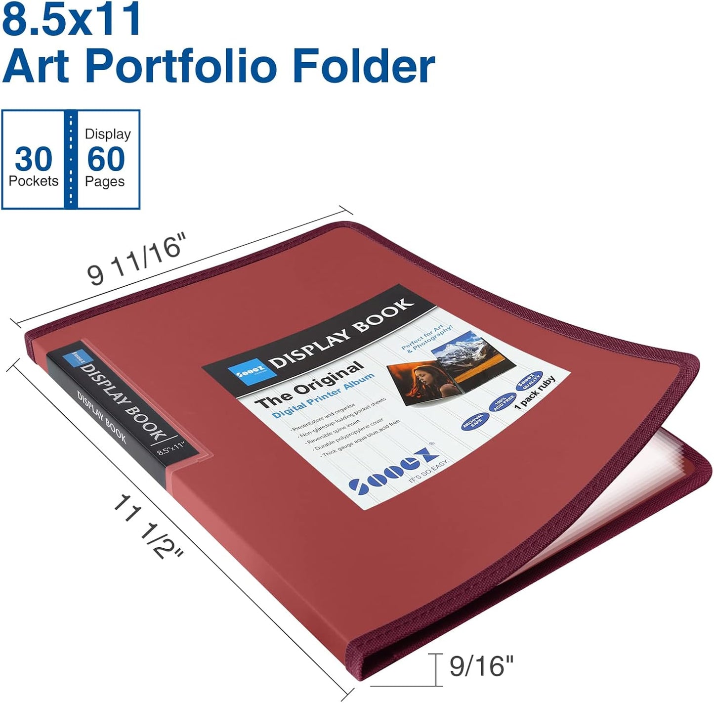 Sooez 30-Pocket Binder with Plastic Sleeves 8.5x11" (Ruby), Heavy Duty Art Portfolio Folder with Clear Sheet Protectors, Display 60 Pages, Presentation Book for Artwork, Document Organizer Binder