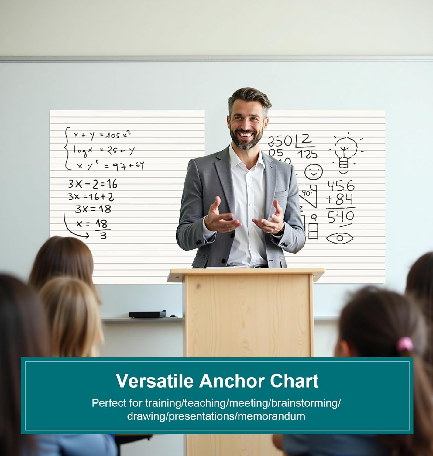 ViVin Lined Sticky Easel Pad, 25 x 30 Inches Flip Chart Paper for Teachers and Students, Large Self Stick Easel Paper, Teacher Anchor Chart, 30 Sheets/Pad, 10 Pads/Pack